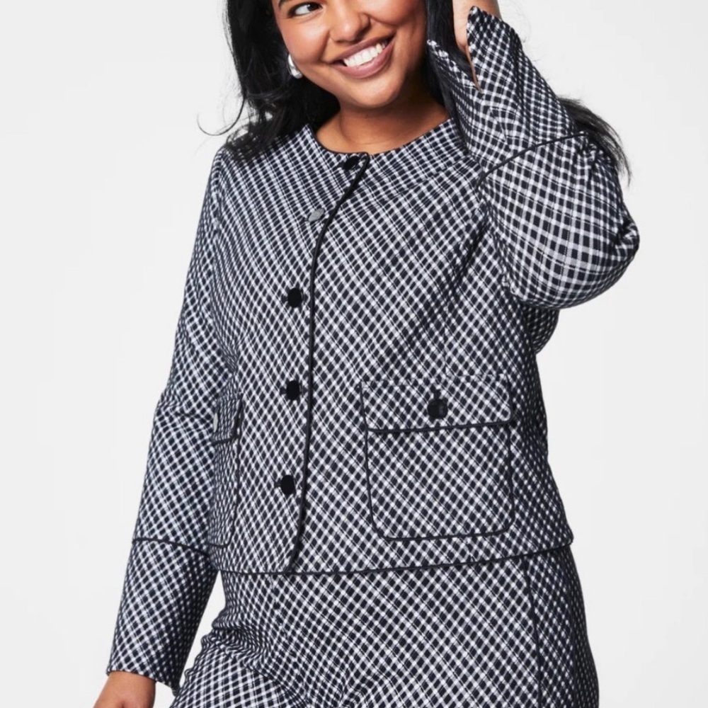 Spanx Women XS Black White Jacquard Plaid Stretch Ponte Lady Jacket Blazer NWT